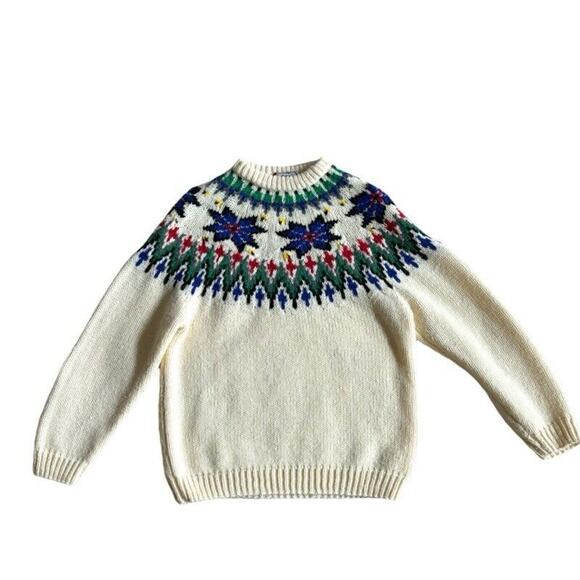 Vintage Mens Sweater Bravo Snowflake Small Ski Crew Cream Red Blue Green 90s - Picture 1 of 8